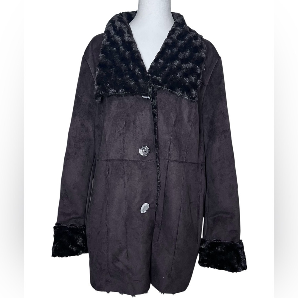 Dennis Basso XL Women's Winter Suede & Faux Fur‎ Collar Cuffs Button Coat Jacket